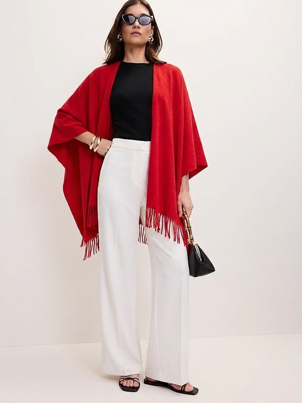 Nobleness Italian Wool Red Fringe Shawl Wrap Poncho One Size Luxe Statement Cape